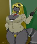  2015 anthro big_breasts blonde_hair bottomless breasts chalkboard cleavage clothed clothing female fluffy_tail fur green_eyes grey_fur hair half-dressed lips mammal milf mother naomi_rasputin nightfaux parent pubes raccoon solo teacher wide_hips 