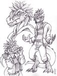 2013 argonian clothing commissar-k excited fangs feathers grin jacket jeans looking_at_viewer male scalie solo tagg the_elder_scrolls traditional_media_(artwork) video_games 