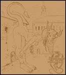  2003 against_wall anthro bent_over breasts building claws dragon duo feces female hair horn human jewelry long_hair macro mammal markie monochrome nipples nude outside pooping raised_tail scalie size_difference sketch toe_claws 