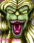  2002 anthro armor blonde_hair clothed clothing cross dragon drooling ear_piercing english_text female green_scales hair long_hair looking_at_viewer markie open_mouth piercing saliva scalie sharp_teeth slit_pupils solo teeth text tongue yellow_eyes 
