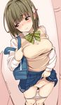  2015 bag blue_eyes breasts dated flower gin_(ginshari) green_hair groin hair_flower hair_ornament long_hair medium_breasts original panties panty_pull school_bag school_uniform skirt skirt_lift solo standing sweater_vest tears underwear 