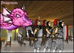  2002 ? ambiguous_gender armor axe dragon english_text feral group human inside male mammal markie pink_eyes pink_scales purple_scales scalie sheath shield slit_pupils spots sword text vore weapon 
