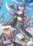  anthro breasts cellphone cleavage clothed clothing coffee elbow_gloves female fence fingerless_gloves fish gloves green_eyes hair long_hair marine mayhem_(renard) navel nongqiling outside phone reaching shark sitting spill spray_paint tears wet wide_hips 