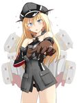  bare_shoulders bismarck_(kantai_collection) blonde_hair blue_eyes blush breasts detached_sleeves gloves hat highres jewelry kantai_collection long_hair looking_at_viewer medium_breasts military military_uniform open_mouth outstretched_arm peaked_cap ring sasaki_akira_(ugc) solo uniform 