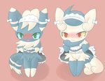 2015 anthro blue_fur blue_sclera blush clothed clothing crossdressing duo embarrassed exposed female fur girly green_eyes kinomy looking_at_viewer maid_uniform male meowstic navel nintendo open_mouth penis pink_background plain_background pok&eacute;mon pussy red_eyes ribbons standing tears video_games white_fur yellow_sclera 