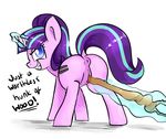  2015 anus blue_eyes cutie_mark disastral english_text equine female feral friendship_is_magic glowing hair horn looking_at_viewer magic mammal masturbation my_little_pony penetration plain_background polearm purple_hair pussy pussy_juice solo staff starlight_glimmer_(mlp) text two_tone_hair unicorn vaginal vaginal_penetration weapon white_background 