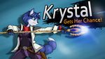  2015 anthro atticus_kotch belt black_nose blue_fur blue_hair canine clothing english_text female fingerless_gloves fox fur gloves green_eyes hair jacket krystal magic mammal nintendo polearm scarf short_hair solo staff star_fox super_smash_bros text video_games weapon white_fur 