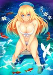  absurdres atago_(kantai_collection) barefoot beret bikini blonde_hair blush breasts bug butterfly cleavage fish flower hat highres insect kantai_collection large_breasts long_hair looking_at_viewer lotus sitting smile soaking_feet solo swimsuit water yashichii 