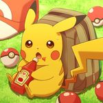  backpack_removed bag baseball_cap bottle brown_eyes cyaneko food food_on_face from_above gen_1_pokemon grass hat hat_removed headwear_removed heart ketchup looking_at_viewer no_humans open_mouth outdoors pikachu poke_ball poke_ball_(generic) pokemon pokemon_(creature) solo sweatdrop tomato 