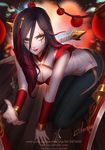  alternate_costume alternate_hair_color bare_shoulders black_hair breasts chinese_clothes citemer cleavage_cutout dagger gradient_hair green_eyes highres katarina_du_couteau kneeling league_of_legends licking_lips lipstick long_hair looking_at_viewer makeup medium_breasts multicolored_hair pants red_hair scar solo tongue tongue_out two-tone_hair warring_kingdoms_katarina weapon 