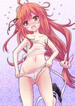  :o bandages blush breasts bunny_hair_ornament crescent crescent_hair_ornament flying_sweatdrops hair_ornament kantai_collection leg_up long_hair looking_at_viewer low-tied_long_hair open_mouth panties panty_lift red_eyes red_hair sarashi sata_(sat) small_breasts solo striped striped_panties underwear uzuki_(kantai_collection) very_long_hair wavy_mouth 