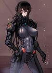  beatrix_bremer black_hair bodysuit breasts cigarette cleavage commentary covered_navel covered_nipples english_commentary hand_on_hip large_breasts long_hair maebari mikazuki_shigure muvluv muvluv_alternative nipples pilot_suit pubic_hair red_eyes see-through smile smoke solo 