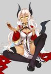  :t black_legwear breasts cleavage cleavage_cutout dark_skin detached_sleeves doughnut food gradient_hair green_eyes highres horns large_breasts long_hair multicolored_hair no_panties pelvic_curtain pixiv_fantasia pixiv_fantasia_t pointy_ears realmbw silver_hair sitting solo thighhighs two-tone_hair very_long_hair zorn_dio 