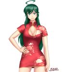  ahoge blue_eyes borrowed_character breasts character_request china_dress chinese_clothes cleavage cowboy_shot dress green_hair hair_ornament hairclip hand_on_hip looking_at_viewer medium_breasts original red_dress short_dress smile solo taikyokuturugi transparent_background 