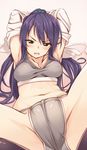  2015 arms_up breasts cleavage covered_nipples crotch dated gin_(ginshari) green_eyes long_hair medium_breasts navel original panties ponytail purple_hair solo sports_bra spread_legs underwear 