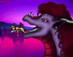  2002 anthro blonde_hair dragon duo ear_piercing english_text female grey_tongue hair human imminent_vore long_hair long_tongue mammal markie nude open_mouth outside piercing purple_scales red_eyes red_hair red_scales scalie sharp_teeth slit_pupils teeth text tongue tongue_out vore 