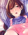  apron blush breasts brown_eyes brown_hair clothes_lift highres large_breasts long_hair looking_at_viewer mature mole open_mouth ribbed_sweater saliva shinken-zemi solo sweater sweater_lift syozui tears turtleneck zemi_mama 