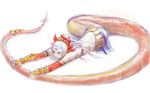  blue_eyes bored circlet echidna_(p&amp;d) headdress holding_own_tail lamia long_hair lying monster_girl necyda on_stomach puzzle_&amp;_dragons ribbon simple_background solo tail tail_grab tail_ornament tail_ribbon vambraces white_background white_hair 