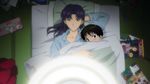  1boy 1girl black_hair blue_eyes blush brown_eyes evangelion:_1.0_you_are_(not)_alone futon ikari_shinji katsuragi_misato magazine neon_genesis_evangelion pajamas photoshop pillow purple_hair rebuild_of_evangelion screencap smile 