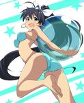  :d antenna_hair arched_back arms_behind_back ass barefoot bikini black_hair blue_bikini blue_eyes breasts earrings fang feet from_behind ganaha_hibiki high_ponytail highres hoop_earrings idolmaster idolmaster_(classic) jewelry long_hair looking_back medium_breasts open_mouth ponytail smile solo star swimsuit tokiani trefoil very_long_hair 