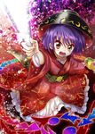  bowl commentary hat holding_needle jacket japanese_clothes kimono long_sleeves miracle_mallet needle nibi obi open_clothes open_mouth purple_hair sash solo spell sukuna_shinmyoumaru touhou wide_sleeves yellow_eyes 