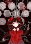 black_hair dhiea dress drill_hair looking_at_viewer original pointing pointy_ears red_dress red_eyes twin_drills 