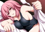  armpits bare_shoulders bed_invitation breasts commentary_request futon ghost large_breasts no_bra nori_tamago pink_hair red_eyes saigyouji_yuyuko shirt short_hair sideboob solo touhou 