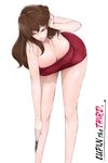  bare_shoulders bent_over breasts brown_hair cleavage closed_eyes dress highres huge_breasts knife legs libre long_hair long_legs lupin_iii mine_fujiko red_dress shiny shiny_skin simple_background solo thighs white_background 