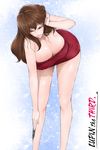  bare_shoulders bent_over breasts brown_hair cleavage closed_eyes highres huge_breasts knife legs libre long_hair long_legs lupin_iii mine_fujiko shiny shiny_skin solo thighs 
