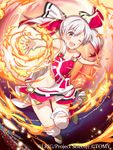  ;d ass_visible_through_thighs fire hair_ribbon looking_at_viewer official_art one_eye_closed open_mouth ribbon silver_eyes silver_hair smile solo sun_(symbol) tama_(wixoss) twintails wixoss yuzuki_kihiro 