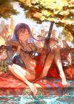  absurdres animal_on_arm barefoot bed_sheet bird bird_on_arm blanket blue_hair castle closed_eyes collarbone dappled_sunlight day flat_chest full_body goblet highres long_hair nude outdoors petals pillow pixiv_fantasia pixiv_fantasia_t ribbon ripples sheath sheathed sitting sky smile solo spread_legs sunlight sword tassel toes tree water weapon yotsuyu 