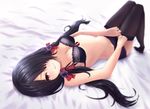  black_bra black_hair black_legwear black_panties blush bra breasts breeze_(wcf) cleavage date_a_live hair_over_one_eye highres lingerie long_hair lying medium_breasts on_back panties red_eyes smile thighhighs tokisaki_kurumi underwear underwear_only 