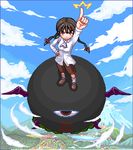  braid brown_eyes brown_hair cloud day evil_eye_sigma hand_on_hip long_hair lowres pixel_art pointing pointing_up rika_(touhou) shorts sky smile solo touhou touhou_(pc-98) unk_kyouso wings 