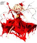  ascot barefoot blonde_hair dress fami_(yellow_skies) fangs flandre_scarlet hair_ribbon highres jacket koumajou_densetsu laevatein open_clothes open_mouth red_dress red_eyes ribbon short_sleeves side_ponytail smile solo sword touhou weapon wings 