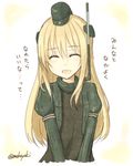  :d blonde_hair garrison_cap hair_between_eyes hat kantai_collection long_hair long_sleeves lowres mashayuki open_mouth simple_background smile solo translated twitter_username u-511_(kantai_collection) white_background 