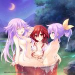  3girls :d ^_^ adult_neptune alternate_hairstyle arm_support bathing blush breasts closed_eyes collarbone company_name drum_(container) drum_bath hair_censor hair_ribbon highres lake long_hair moon multiple_girls nepgear neptune_(series) night non-web_source nude official_art open_mouth outdoors purple_eyes purple_hair red_eyes red_hair ribbon rock shared_bathing shin_jigen_game_neptune_vii sitting small_breasts smile star_(sky) tennouboshi_uzume tree tsunako very_long_hair water watermark wet 