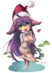  :3 ahoge animal_ears breasts cleavage cleavage_cutout green_eyes hamifr hat heart highres ipad large_breasts league_of_legends long_hair looking_at_viewer lulu_(league_of_legends) meme_attire open-chest_sweater open_mouth purple_hair santa_hat sleeves_past_wrists solo sweater tablet_pc thighhighs yordle 