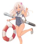  blonde_hair blue_eyes chestnut_mouth crop_top flower hair_flower hair_ornament highres kagerou_(shadowmage) kantai_collection lifebuoy long_hair no_shoes one-piece_swimsuit ro-500_(kantai_collection) school_swimsuit slippers solo swimsuit tan tanline torpedo 