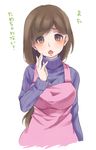  apron blush breasts brown_eyes brown_hair ladle large_breasts long_hair looking_at_viewer mature miku_(mitty39) mole mole_under_eye open_mouth ribbed_sweater shinken-zemi smile solo sweater turtleneck zemi_mama 