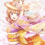  arm_up brown_hair catbell cherry_blossoms floral_print flower hat hat_ribbon japanese_clothes kimono long_hair obi open_mouth original ribbon sash solo 