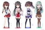  4girls :d ;o bare_shoulders black_hair boots braid brown_eyes brown_hair character_name chibi detached_sleeves gloves green_eyes green_hair hakama_skirt haruna_(kantai_collection) headgear japanese_clothes kaga_(kantai_collection) kantai_collection long_hair looking_at_viewer multiple_girls muneate necktie nikkunemu nontraditional_miko noshiro_(kantai_collection) one_eye_closed open_mouth pleated_skirt ribbon-trimmed_sleeves ribbon_trim rin_yuu sailor_collar school_uniform side_ponytail single_thighhigh skirt smile suzuya_(kantai_collection) thigh_boots thighhighs twin_braids twitter_username white_gloves yugake 