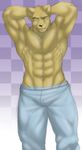  2015 abs anthro bear biceps big_muscles bulge clothed clothing five_nights_at_freddy&#039;s flexing fur golden_freddy_(fnaf) grin hair half-dressed looking_at_viewer male mammal muscles nukde pants pecs smile smirk solo topless video_games 