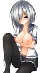  bad_id bad_pixiv_id black_legwear blue_eyes blush breast_hold breasts breasts_outside collarbone gloves hair_ornament hair_over_one_eye hairclip hamakaze_(kantai_collection) highres kantai_collection large_breasts leg_up looking_at_viewer miniskirt mizushina_minato nipples open_clothes open_mouth open_shirt pantyhose pleated_skirt school_uniform serafuku shirt short_hair short_sleeves silver_hair simple_background sitting skirt solo white_background white_gloves 