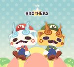  brothers chuno cosplay facial_hair hat komajirou komasan luigi luigi_(cosplay) mario mario_(cosplay) mustache no_humans open_mouth overalls shoes siblings sitting star youkai youkai_watch 