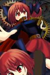  belt blush cape collar covered_mouth disembodied_head faux_traditional_media gears highres multiple_heads red_eyes red_hair sekibanki skirt solo touhou tunic uemura_shun 