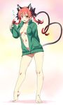  animal_ears barefoot blush bottomless bow braid breasts cat_ears cat_tail cleavage extra_ears full_body hair_bow heart heart_tail highres jacket kaenbyou_rin kiyama_satoshi large_breasts long_hair looking_at_viewer multiple_tails naked_track_jacket navel open_mouth pointy_ears pubic_hair red_eyes red_hair red_pubic_hair simple_background sketch smile solo standing tail touhou track_jacket twin_braids 