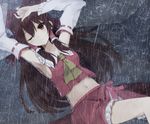  armpits ascot bow breasts brown_hair detached_sleeves frown hair_bow hair_tubes hakurei_reimu hand_on_own_head huuyu_1z long_hair looking_at_viewer lying medium_breasts midriff navel on_back on_ground one_eye_closed rain red_eyes ribbon-trimmed_sleeves ribbon_trim sideboob skirt skirt_set solo touhou wet wet_clothes 