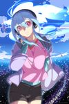  blue_hair commentary eighth_note english_commentary headphones highres john_su long_hair musical_note original purple_eyes quarter_note smile solo symbol-shaped_pupils 