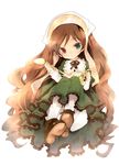  brown_hair chibi dress frills full_body green_dress hat headdress heterochromia long_hair looking_at_viewer rozen_maiden shoes simple_background smile solo suiseiseki tousen very_long_hair watering_can white_background 
