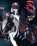  1girl asymmetrical_clothes belt breasts chains claws demon demon_girl digimon elbow_gloves evil female gloves grey_background grey_skin highres hips ladydevimon large_breasts lips long_hair mask pale_skin red_eyes simple_background skull smile solo thigh_gap thighs torn_clothes very_long_hair white_hair 